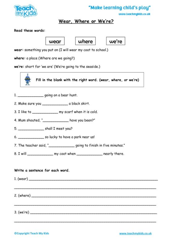 Worksheets for kids - wearwhere-or-were